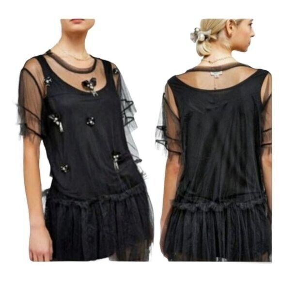 POL Sheer Mesh Two-fer Tulle Tunic Top Black Women's‎ Size S - Picture 4 of 9